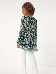 Roman Green Floral Print Pleated Top - Image 3 of 5