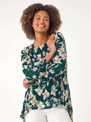 Roman Green Floral Print Pleated Top - Image 4 of 5