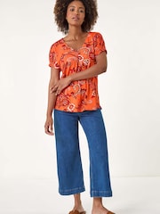 Roman Orange Floral Print Pleat Front Blouse - Image 1 of 5