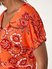 Roman Orange Floral Print Pleat Front Blouse - Image 2 of 5