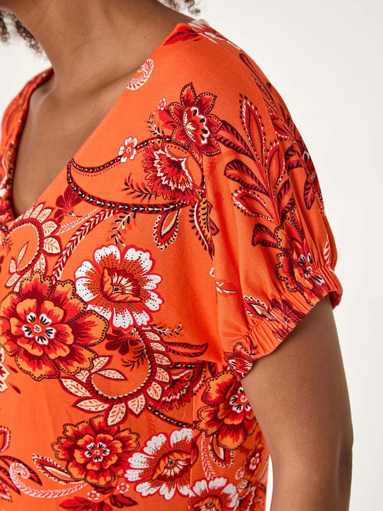 Roman Orange Floral Print Pleat Front Blouse - Image 2 of 5