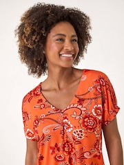 Roman Orange Floral Print Pleat Front Blouse - Image 3 of 5