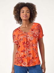 Roman Orange Floral Print Pleat Front Blouse - Image 4 of 5