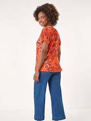 Roman Orange Floral Print Pleat Front Blouse - Image 5 of 5