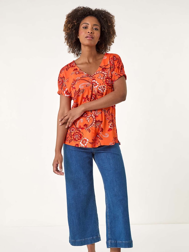Roman Orange Floral Print Pleat Front Blouse - Image 5 of 5 Roman Orange Floral Print Pleat Front Blouse - Image 5 of 5