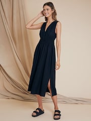 Threadbare Black Linen Blend Ruched Midi Dress - Image 1 of 4