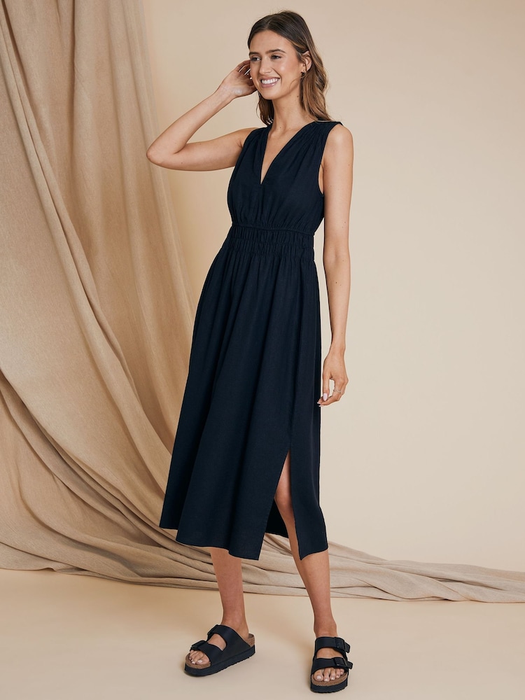 Threadbare Black Linen Blend Ruched Midi Dress - Image 1 of 4