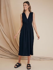 Threadbare Black Linen Blend Ruched Midi Dress - Image 3 of 4