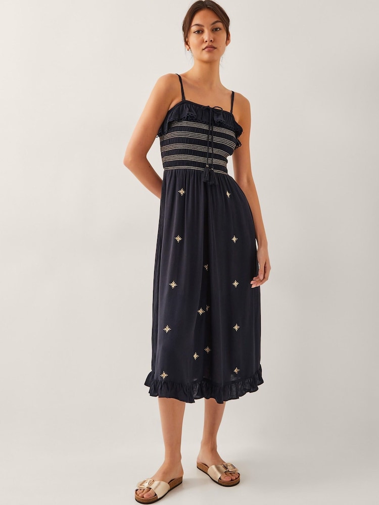 Monsoon Black Blair Embroidered Frill Midi Dress - Image 1 of 5