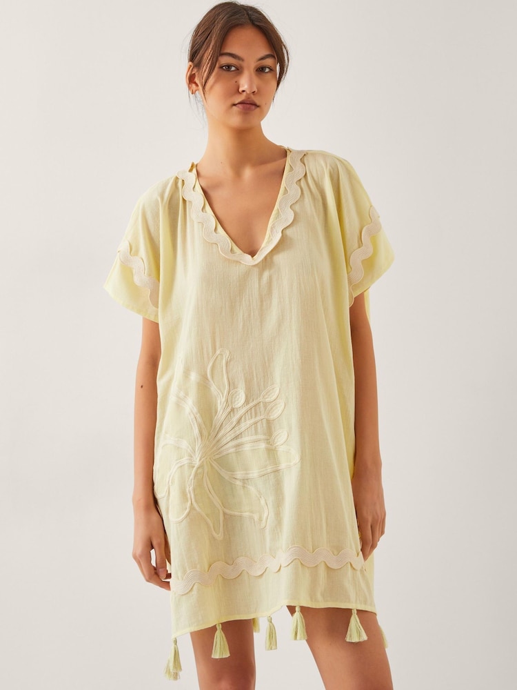 Monsoon Yellow 100% Cotton Suzie Tassel Kaftan Cover-Up - Image 2 of 5