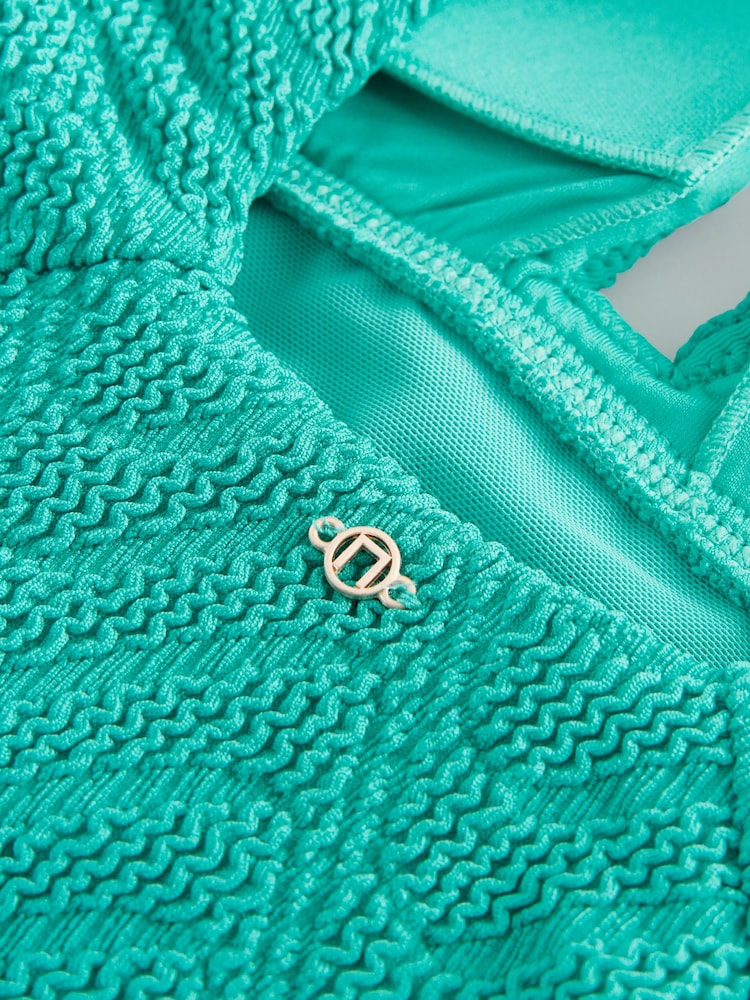 Aqua Green Crinkle Textured Plunge Shaping Tummy Control Swimsuit - Image 9 of 9