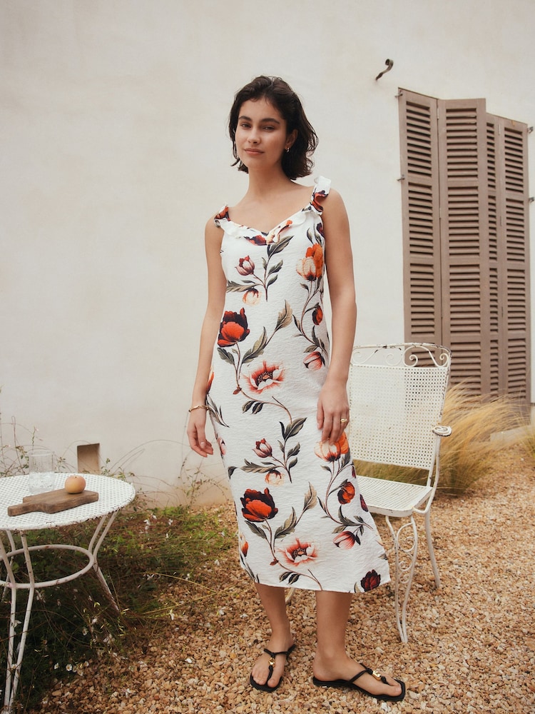 Cream/Red Floral Summer Frill Midi Slip Dress - Image 1 of 8