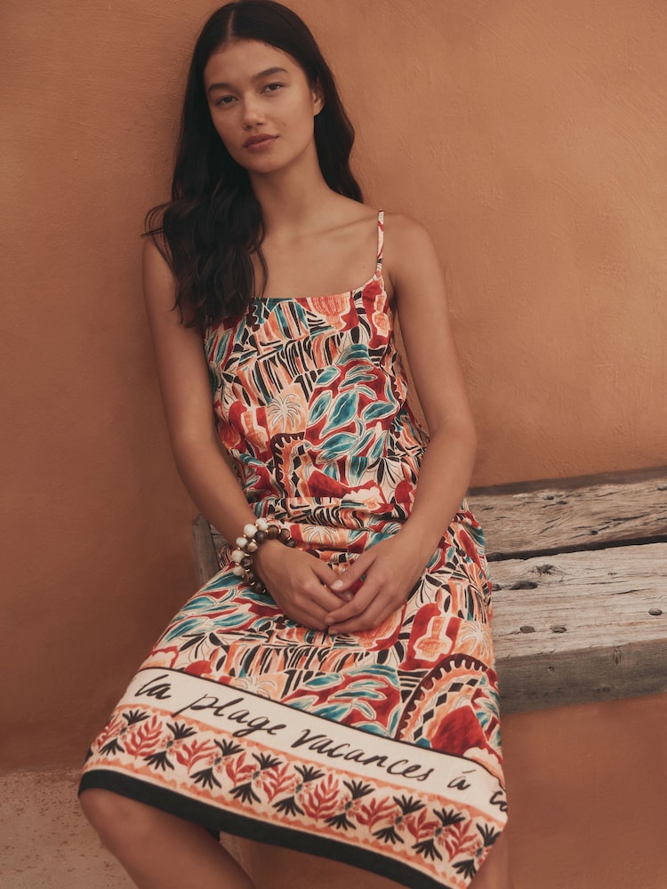 Rot/Palmenprint - Sommerliches Midi-Trägerkleid - Bild 2 von 8