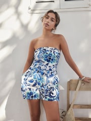 Bleu/blanc à fleurs - Combinaison bandeau en jersey - Image 1 de 7