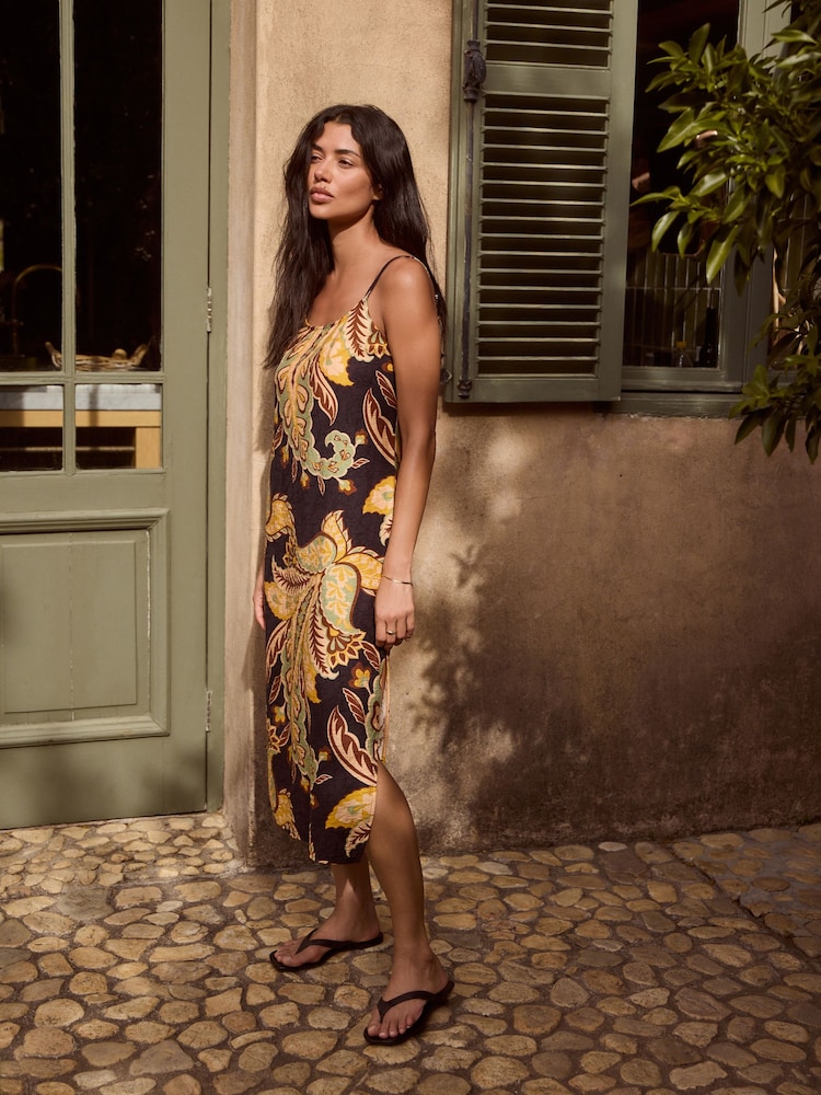 Negro/verde con diseño de cachemira - Vestido de verano de tirantes a media pierna - Imagen 1 de 8