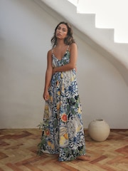 Blau/Weiß Zitronenprint - Weites Maxikleid - Bild 1 von 8