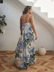 Blau/Weiß Zitronenprint - Weites Maxikleid - Bild 3 von 8