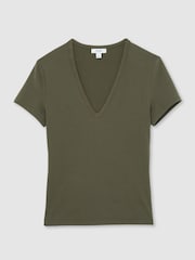 Reiss Khaki Green Leia Stretch Cotton V-Neck T-Shirt - Image 2 of 5