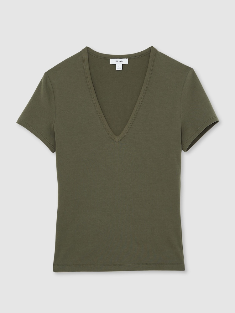 Reiss Khaki Green Leia Stretch Cotton V-Neck T-Shirt - Image 2 of 5