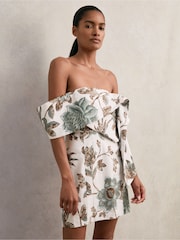 Reiss Ivory Jess Sculpted Off-Shoulder Floral Mini Dress Linen-Cotton - Image 1 of 6