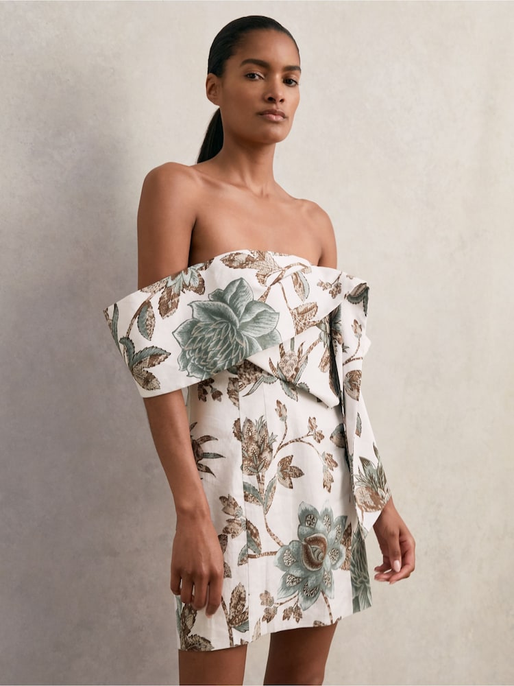 Reiss Ivory Jess Sculpted Off-Shoulder Floral Mini Dress Linen-Cotton - Image 1 of 6