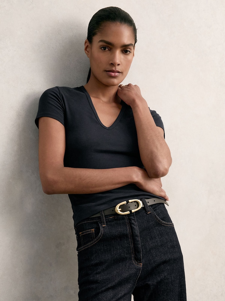 Reiss Navy Leia Stretch Cotton V-Neck T-Shirt - Image 1 of 6 Reiss Navy Leia Stretch Cotton V-Neck T-Shirt - Image 1 of 6