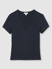 Reiss Navy Leia Stretch Cotton V-Neck T-Shirt - Image 2 of 6