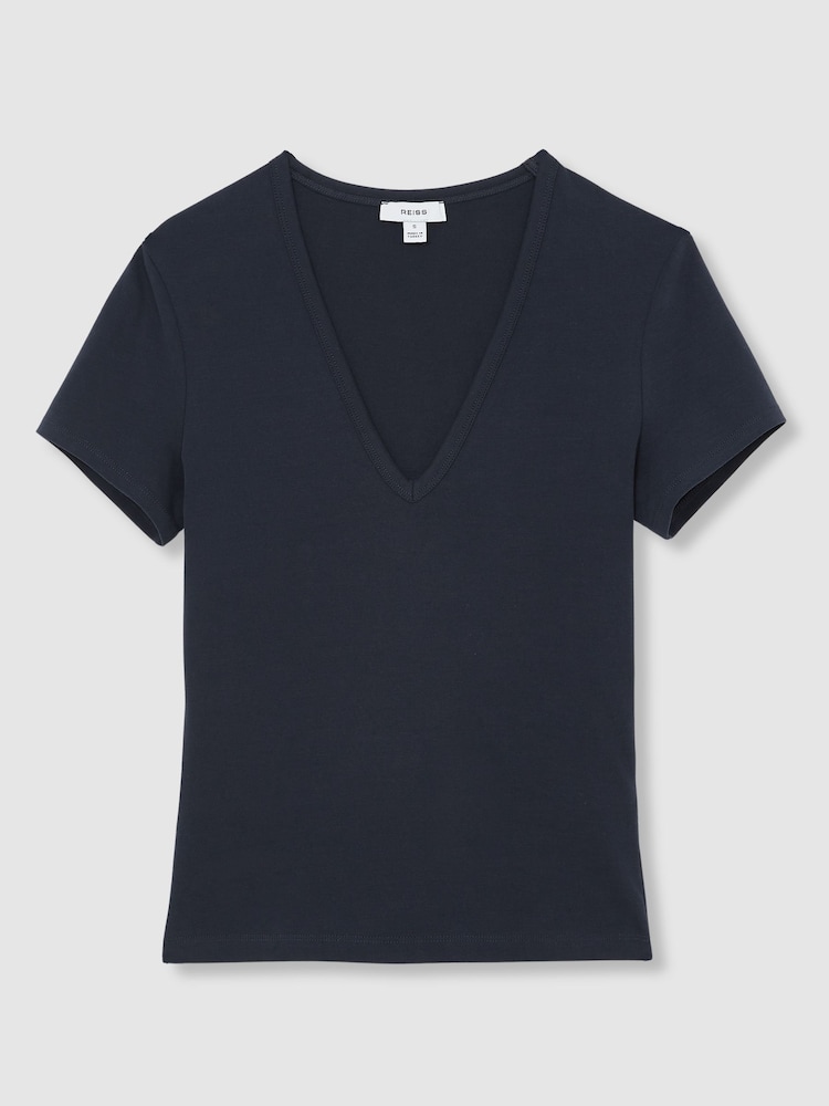 Reiss Navy Leia Stretch Cotton V-Neck T-Shirt - Image 2 of 6