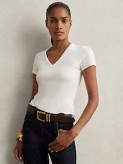 Reiss White Leia Stretch-Cotton V-Neck T-Shirt - Image 1 of 6