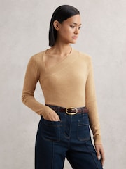 Reiss Camel Zoie Wool-Blend Asymmetric Knit Top - Image 1 of 5