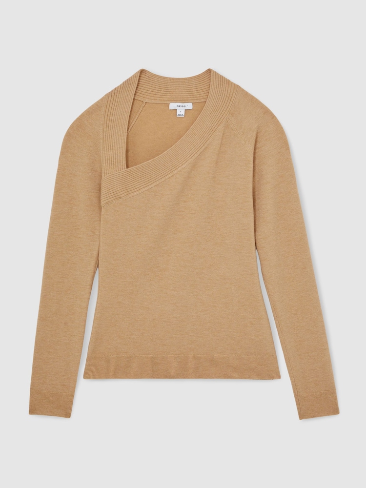 Reiss Camel Zoie Wool-Blend Asymmetric Knit Top - Image 2 of 5