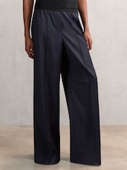 Reiss Navy Neave Petite Wool-Blend Pinstripe Wide-Leg Trousers - Image 1 of 8