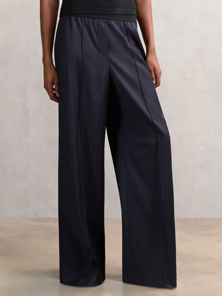 Reiss Navy Neave Petite Wool-Blend Pinstripe Wide-Leg Trousers - Image 1 of 8
