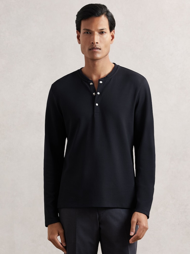 Reiss Navy Carmello Textured Grandad-Collar Henley Shirt - Image 1 of 7 Reiss Navy Carmello Textured Grandad-Collar Henley Shirt - Image 1 of 7