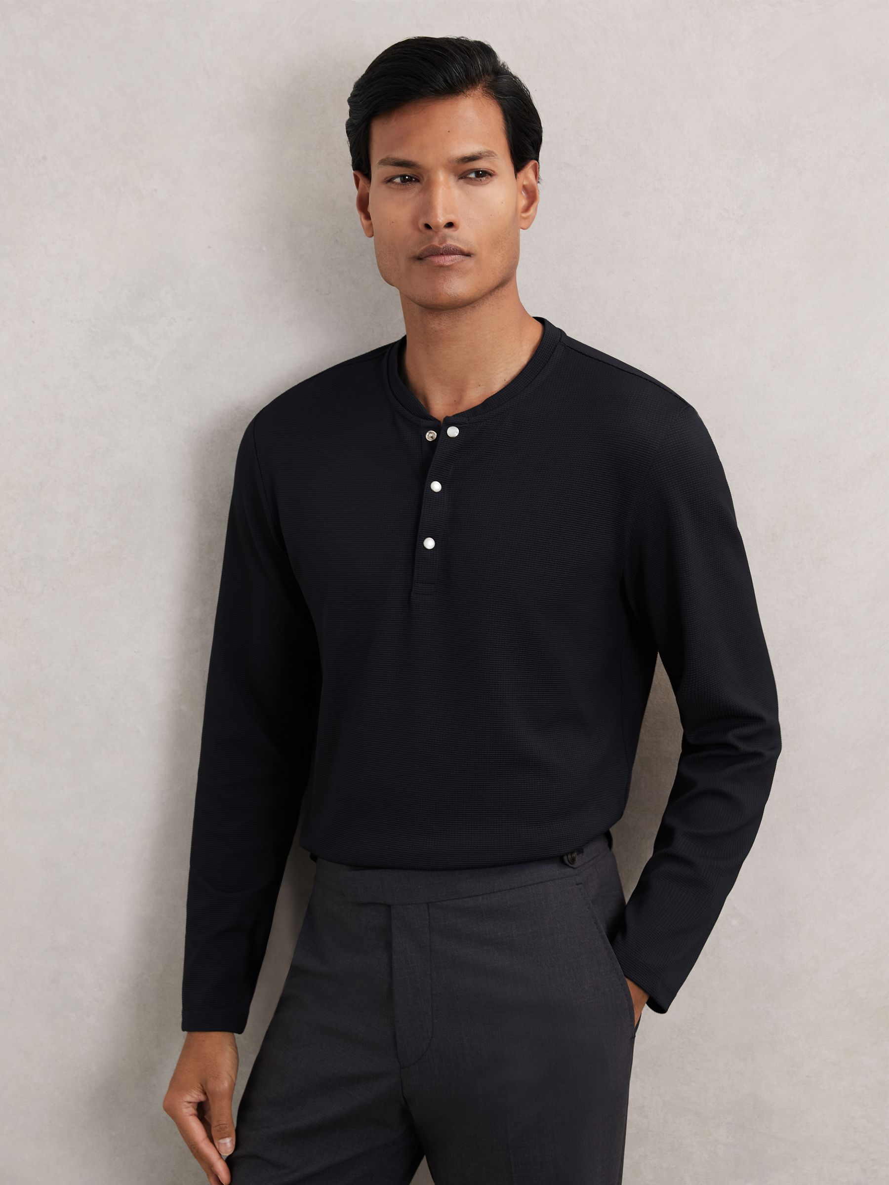 Buy Reiss Navy Carmello Textured Grandad-Collar Henley Shirt from