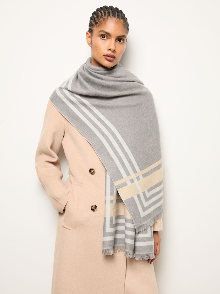 Reiss Grey Camila Border Stripe Fringed Scarf - Image 2 of 5 Reiss Grey Camila Border Stripe Fringed Scarf - Image 2 of 5