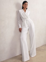 Reiss Ivory Flora Sheer-Sleeve Wide-Leg Tuxedo Jumpsuit - Image 1 of 7