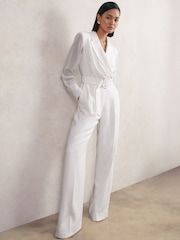 Reiss Ivory Flora Sheer-Sleeve Wide-Leg Tuxedo Jumpsuit - Image 4 of 7