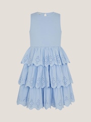 Monsoon Blue Sleeveless Broderie Tiered Dress - Image 1 of 3