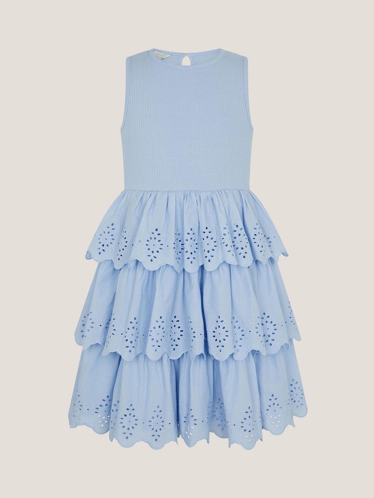 Monsoon Blue Sleeveless Broderie Tiered Dress - Image 1 of 3