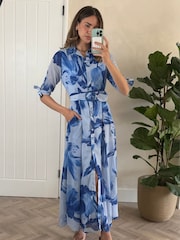 Style Cheat Blue Daphne Belted Shirt Dress - Image 1 of 5
