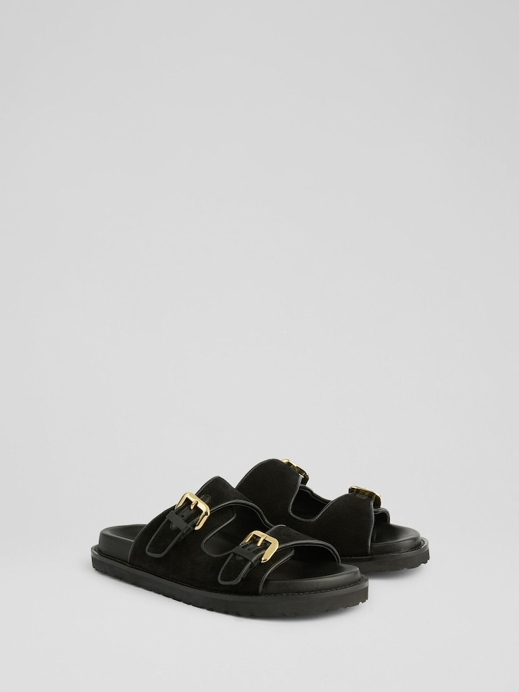 LK Bennett Black Capri Suede Buckle Flat Sandals - Image 2 of 4