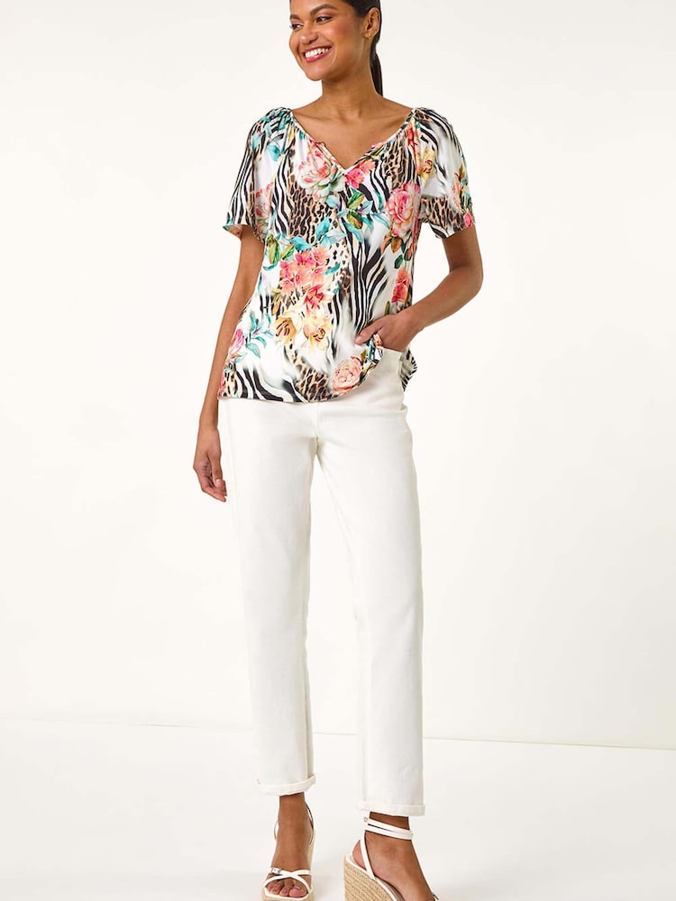 Roman Pink Animal Floral Print Notch Neck Blouse - Image 1 of 5