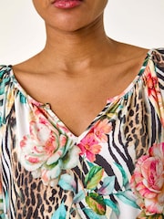 Roman Pink Animal Floral Print Notch Neck Blouse - Image 2 of 5