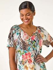 Roman Pink Animal Floral Print Notch Neck Blouse - Image 3 of 5