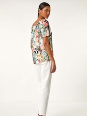 Roman Pink Animal Floral Print Notch Neck Blouse - Image 4 of 5