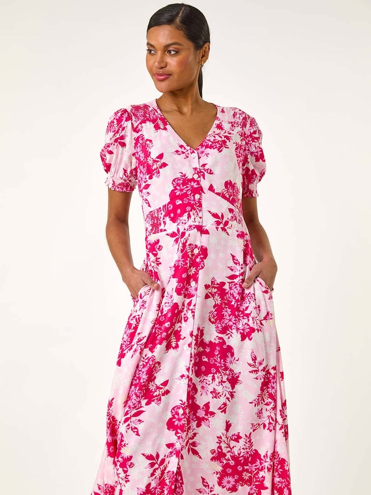 Rosa - Vestido midi fruncido con estampado floral y botones de Roman - Imagen 1 de 5 Rosa - Vestido midi fruncido con estampado floral y botones de Roman - Imagen 1 de 5