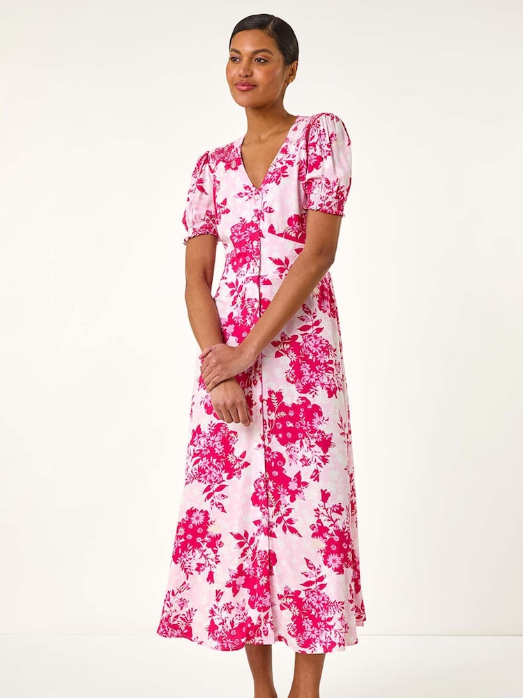 Rosa - Vestido midi fruncido con estampado floral y botones de Roman - Imagen 2 de 5 Rosa - Vestido midi fruncido con estampado floral y botones de Roman - Imagen 2 de 5