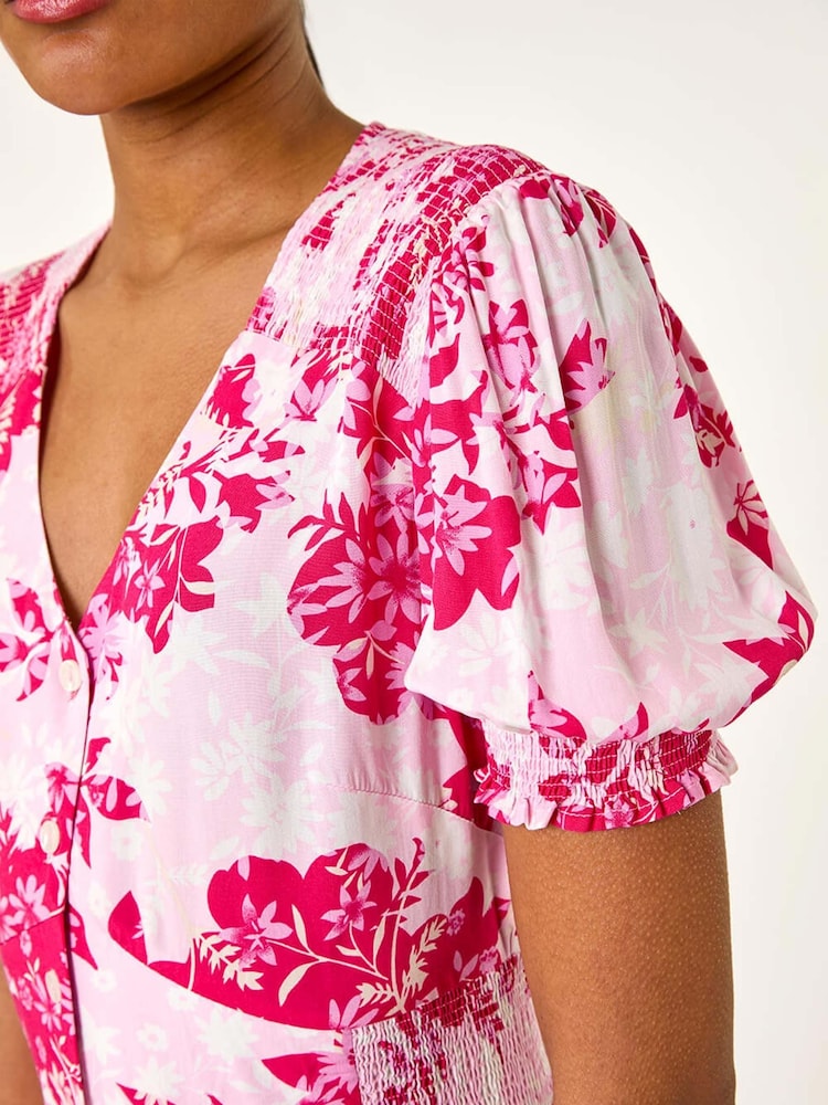 Roman Pink Button Through Floral Print Shirred Midi Dress - Image 5 of 5