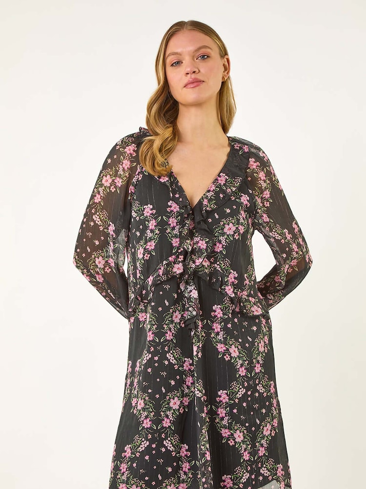 Roman Black Floral Print Frill Dress - Image 1 of 5